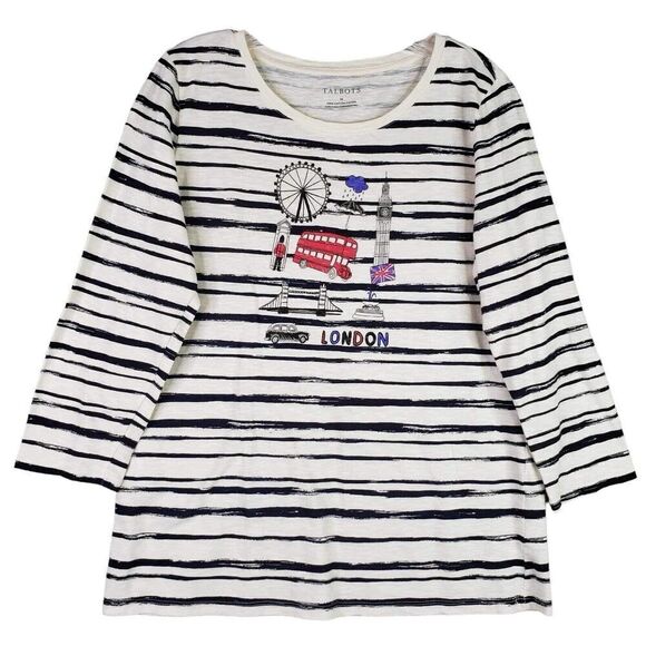 Talbots Tee Shirt Navy Blue Short Sleeve Size Medium Cotton Striped London - Picture 2 of 8